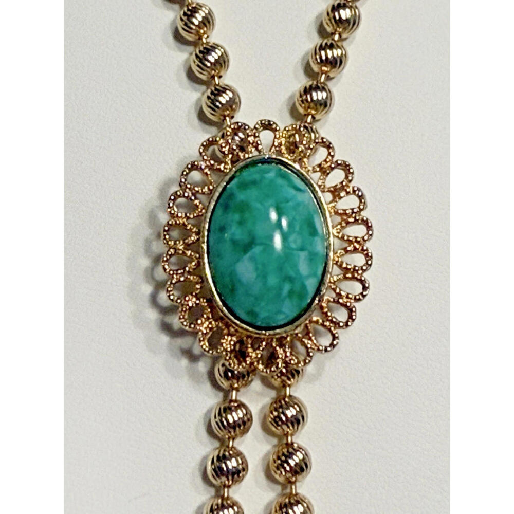1973 DeLizza & Elster for Avon Ming Green 36" Pendant Tassel Necklace NOS w/ Box